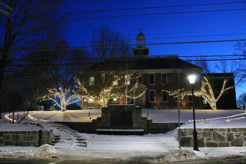 Municipal green with holiday tree wrapping in snow